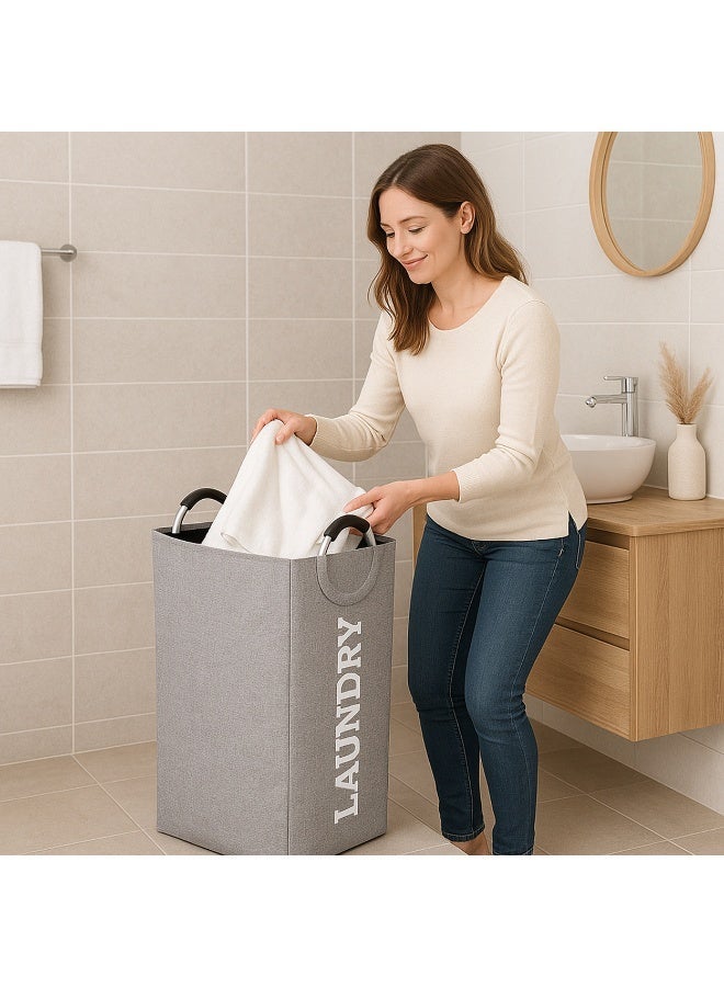 Rectangular Fabric Laundry Hamper Foldable for Clothes Storage Organizer – Padded Aluminum Handles Laundry Basket-Grey - Image 3